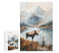 1000 PCS Rompecabezas para Adultos Moose in Mountain Landscape Watercolor Rompecabezas para Adultos Juegos Divertidos Alivia El Estrés Desafiante De Completar 1000 PCS
