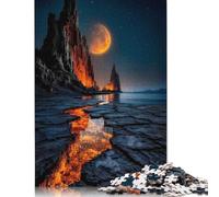 1000 pezzi Scogliere luminose al Chiaro di Luna con flusso di Lava infuocata - Paesaggio con orizzonte vivido Puzzle in Legno difficili per adulti 1000 pezzi (75x50 cm)