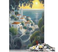 1000 pezzi Villaggio sul Mare al tramonto in Stile puntinista per adulti Puzzle difficili Puzzle di Carta per adulti 38x26 cm/1000 pezzi