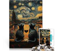1000 Piece Puzzle For Adults “Starry Night Cats In Love” Made of Cardboard，Suitable for People Aged 14 and Above Challenging Play Toys Fun at Home Activities, Birthday Present,Travel Gifts。