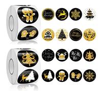 1000 Piezas Rollo Pegatinas Navideñas, Kalolary Etiquetas Navideñas Redondas Doradas Negras Autoadhesivas Engomadas Navidad Adhesivas Sobres con 16 Patrones Navideños Tarjetas Cajas Regalo Decoración