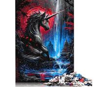 1000 Rompecabezas Cuadrados creativos de fantasía de Cascada de Unicornio Oscuro para Adultos, Rompecabezas de Madera, Juegos de desafío únicos, 1000 Piezas (75 x 50 cm)
