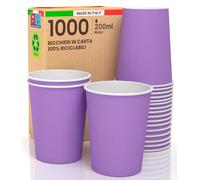 1000 vasos de papel de 200 ml, ecológicos, biodegradables, desechables, fabricados en Italia, para llevar bebidas calientes y agua de colores lila. Producto fabricado y envasado en Italia