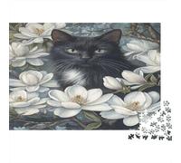 1000pcs (75x50cm) Adulto Cute Black Gato Rompecabezas Mujeres Hombres Tablero De Madera Enclavamiento De Precisión White Magnolia Flores