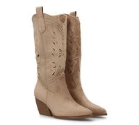 100374 Bota Alta de Mujer Estilo Cowboy con Diseno Troquelado Decorativo, Punta Fina y Tacon campero Diseno Western, Entretiempo Ideal para Uso Diario Primavera Verano Kaki Talla 37