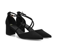 100537 Zapato de mujer con tacon ancho medio y diseno elegante punta fina con adoro de tiras. Cierre de hebilla, Ideal para eventos, oficina, celebraciones o looks formales. Negro Talla 40