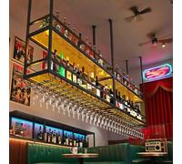 100CM Botellero colgante techo Luz LED, 2 Niveles botellero de techo de acrílico con portavasos y estantes transparentes portavasos botelleros para loft, para Cocina, Bar, Cafetería y decoración