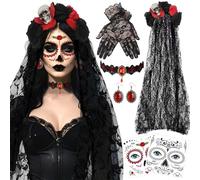 100CM Diadema del Día De Muertos,Día de Los Muertos Velo de Halloween con Pendientes Collar de Rubíes,Guantes de Encaje,Tatuajes de Cara,Velo del Día de Los Muertos para Disfraz de Halloween Mujer