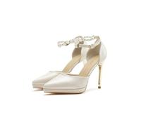 100junzidao Elegante Puntiagudo Dedo Mujeres Tacones Altos Perla Dulce Boda Cerrada Zapatos Nupcial Slip on con Correas De Tobillo Vestido Fiesta Banquete Zapatos Beige 37