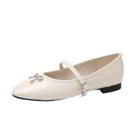100junzidao Mujeres Cerrado Punta Redonda Mary Jane Tacones Altos Francés Lazo Cien Zapatos Plano Cómodo Anti- Antideslizante Vintage Corte Ballet Zapatos de Boda Beige 38