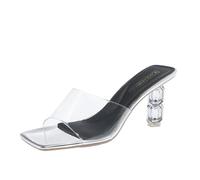 100junzidao Mujeres Transparente Sandalias de Tacón Alto Verano Fuga Dedo Temperamento Cabeza Cuadrada Sexy Zapatos de Boda Diseño Ancho Antideslizante Cómodo Zapatos de Fiesta Plata 38