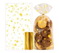 100pcs Bolsa Celofán Navidad 16x9,5cm Estrellas Dorados Bolsita Navideño Plástico Transparente para Chuches Galletas Regalo Infantiles