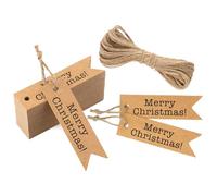 100pcs Etiquetas de Papel Kraft con el inglés "Merry Christmas" 7x2 cm, con 20M Cuerda de Yute (marrón)
