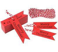 100pcs Etiquetas de Papel Kraft con el inglés "Merry Christmas" 7x2 cm para Decoración de Regalo de Navidad, con 20M Hilo Rojo y Blanco (rojo)