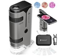 100x-250x Mini Microscopio de Bolsillo para Niños Adultos, Microscopio de Mano Protable con 5 Portaobjetos, Adaptador de Teléfono, Kit de Portátil Miniscope para Niños Adultos Laboratorio, Gris