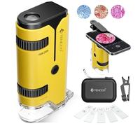 100x-250x Mini Microscopio de Bolsillo para Niños Adultos, Microscopio de Mano Protable con 5 Portaobjetos, Adaptador de Teléfono, Kit de Portátil Miniscope para Niños Adultos Laboratorio, Amarillo