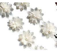 100x White Flower Chiffon Pearl Embroidered Lace Trim Ribbon Fabric Handmade DIY Sewing Craft For Costume Hat Shoes Decoration(Beige)