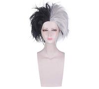 101 Dálmatas Cruella Devil Cosplay peluca mitad negro y blanco esponjoso corto capas sintéticas pelucas Cruella De Vil