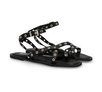 102034 Sandalia plana para mujer con diseno de multiples tiras decoradas con ojales metalicos. Cierre ajustable de hebilla en el tobillo. Suela acolchada, comoda y ligera, ideal verano. Negro Talla 36