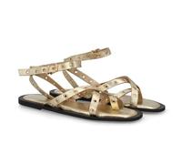 102061 Sandalia plana para mujer con diseno de multiples tiras decoradas con ojales metalicos. Cierre ajustable de hebilla en el tobillo. Suela acolchada, comoda y ligera, ideal verano. Oro Talla 36