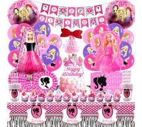 103 Pcs Globos Barb Decoración Cumpleaños, Vajilla Fiesta Con Platos, Vasos y Servilletas, Mantel, Topper Deco Tarta Para Niña