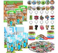 104 Piezas Favores de Fiesta de Videojuegos, Videojuegos Fiesta Cumpleaños Niños Regalos,Fiesta Cumpleaños Suministros Incluyendo Llaveros, Bolsa Regalo, Anillos de Presión, Pegatinas, Insignias