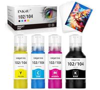 104 Tinta + Papel fotográfico 10x15 Compatible con Epson EcoTank 104 102 Tinta para EcoTank ET-1810 ET-2700 ET-2710 ET-2711 ET-2712 ET-2714 ET-2720 ET-2726 ET-2750 ET-2814 ET-2850