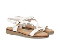 104161 Sandalia plana para mujer con diseno de tiras, suela ligera y flexible, cierre de hebilla ajustable. Plantilla acolchada que mejora la sensacion de confort en cada paso. Blanco Talla 39