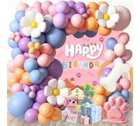107 decoraciones de cumpleaños de cachorros pastel para niñas, kit de arco de guirnalda de globos rosa macarrón morado azul con margaritas y globos de aluminio de hueso de perro para fiestas temáticas