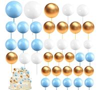 108 Piezas Mini Globo Palos de Pastel, Toppers Pastel Bolas Pastel de Bolas de Espuma Bolas de Espuma Cupcakes Decoración Tarta de Bolas, Para Cumplaeños Bodas (Azul Blanco Oro)