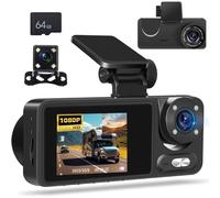1080P Dashcam Coche Delantera Trasera e Interior WiFi con App Control, Dashcam Cámara de Coche con 64GB SD Card, Cámara de Coche con Visión Nocturna por Infrarrojos, G-Sensor, Grabación en Bucle