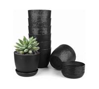 10cm Plastic Planters with Drainage Holes and Saucers, 8-Pack for Succulents and Cacti, Black Finish