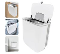 10L Cubo Basura Cocina Colgante con Tapa, Cubo de Basura Abrir-Contenedor de Pared,Papelera Debajo Fregadero Plegable Antiolores Portátil,Cubo Basuras para Armario Baño Oficina Exterior, Blanco