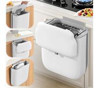 10L Cubo Basura Cocina Colgante con Tapa, Papelera Debajo Fregadero Plegable Antiolores Portátil, Contenedor Compostaje Montado Pared Abierto Pequeño para Puerta Armario Baño Oficina Exterior, Blanco