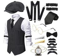 10pcs 1920s Mens Costume Set for Adult, Roaring Retro 20s Gatsby Gangster Costume Outfit with Vest Octagonal Hat Bow Tie Cuffs Glasses Beard Tie Clip Suspenders Pocket Watch for Party Supplies