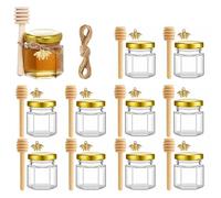 10pcs 45ml Mini Tarros de Miel Hexagonales con Cucharones de Madera, Minitarros de Miel con Tapa Dorada,Mini Hexagonales Tarros De Miel De Cristal,Ideal para Detalles de Bautizo y Baby Shower