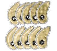 10Pcs Golf Iron Head Covers Sleeve, Golf Club Headcover Set, Numbered Protective PU Waterproof Golfing Accessory for Right Hand Golfers, Includes 3-9, SW, AW, PW (Oro)