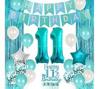 11.a decoraciones de cumpleaños para las niñas Teal - Happy 11th 11th Decoraciones de cumpleaños Undécimo Cumpleaños Topper Treal Fringe Cortina Turquesa Banner Número 11 Foil Blowoon