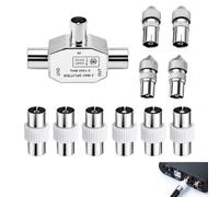 11 pcs Distribuidor TV, Divisor Antena TV Coaxial DVB-T2 en T, Divisor Antena Metal 2 Salidas Hembras 1 Entrada Macho, Adaptador Coaxial RF para Televisión, PVR, DVD, Grabadora y Conexión Múltiple