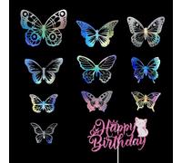 11 Piezas De Carteles, Decoración De Dibujos Animados con Patrón De Mariposa De Gatito, Carteles De Pastel De Fiesta De Cumpleaños, Accesorios De Vestir para Postres.