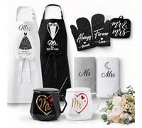 11 piezas de regalo de boda para novios, señor y señora pareja, tazas de café para novia y novio con delantal, toalla, etc. Regalo de compromiso, aniversario, regalo para bodas y compromisos