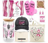 11 piezas de regalos para el cuidado del cáncer de mama para mujer, accesorios de concienciación sobre el cáncer de mama con taza de vidrio de 16 onzas, sombrero, calcetines, bolsa de maquillaje