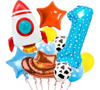 11 Piezas Globos Cumpleaños 1 Año Niño Globo Numero 1 Azul Aluminio Estrella, Vaquero, Cohete, Vaca Lechera Nube Globos para Decoración Cumpleaños de Niños