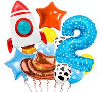 11 Piezas Globos Cumpleaños 2 Años Niño Globo Numero 2 Azul Aluminio Estrella, Vaquero, Cohete, Vaca Lechera Nube Globos para Decoración Cumpleaños de Niños