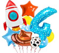 11 Piezas Globos Cumpleaños 4 Años Niño Globo Numero 4 Azul Aluminio Estrella, Vaquero, Cohete, Vaca Lechera Nube Globos para Decoración Cumpleaños de Niños