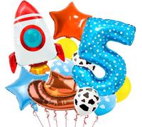 11 Piezas Globos Cumpleaños 5 Años Niño Globo Numero 5 Azul Aluminio Estrella, Vaquero, Cohete, Vaca Lechera Nube Globos para Decoración Cumpleaños de Niños