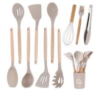 11 Piezas Juego Utensilios de Cocina, Utensilios de Cocina de Siliconacon Soporte para Utensilios, Utensilios Cocina Resistente al Calor Antiadherente, Utensilios Cocina Silicona con Mango de Madera