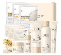 11 Piezas Rice Skincare Kit, Kit Skincare Facial Mujer Completo, Skin Care Set con Rice Toner, Crema Facial, Serum, Cleanser, Eye Cream, Eye Patches, Mascarillas Faciales, para Revitalizar la Piel