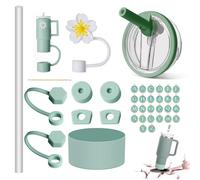 11 unidades accesorios para Stanley Cup, tapa a prueba de fugas, color verde, 4 tapones de silicona a prueba de fugas, 4 tapas de paja, 1 funda de silicona, 26 letras para taza de 30-40 oz