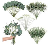 110 piezas de 7 tipos de tallos de eucalipto artificiales mixtos y flores sintéticas, tallos de hojas de eucalipto de plata falsas, ramas de hojas de tacto real a granel para ramos de bricolaje,